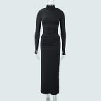 Autumn Stand Collar Long Sleeve Pleated Sexy Slit Hip Bag Dress Women