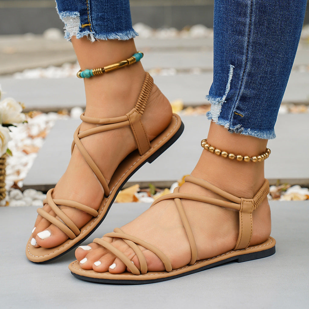 Thin Band Elastic Band Flat Sandals Women Solid Color Open Toe Lightweight Beach Slippers