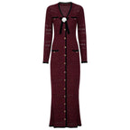 Spring Autumn Fashionable Knitted V neck Floral Slim Fit Slimming Long Sleeves Dress Women