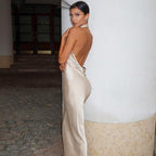 Summer Solid Color Sleeveless Halter Sexy Backless Satin Dress