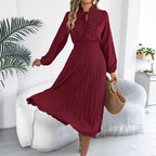 Women Clothing Spring Summer Elegant Lace up Lantern Sleeve Long Pleated Dress