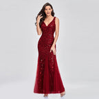 Evening Dress V neck Tulle Embroidered Sequ Sexy Mermaid Prom Dress Women Formal Dress