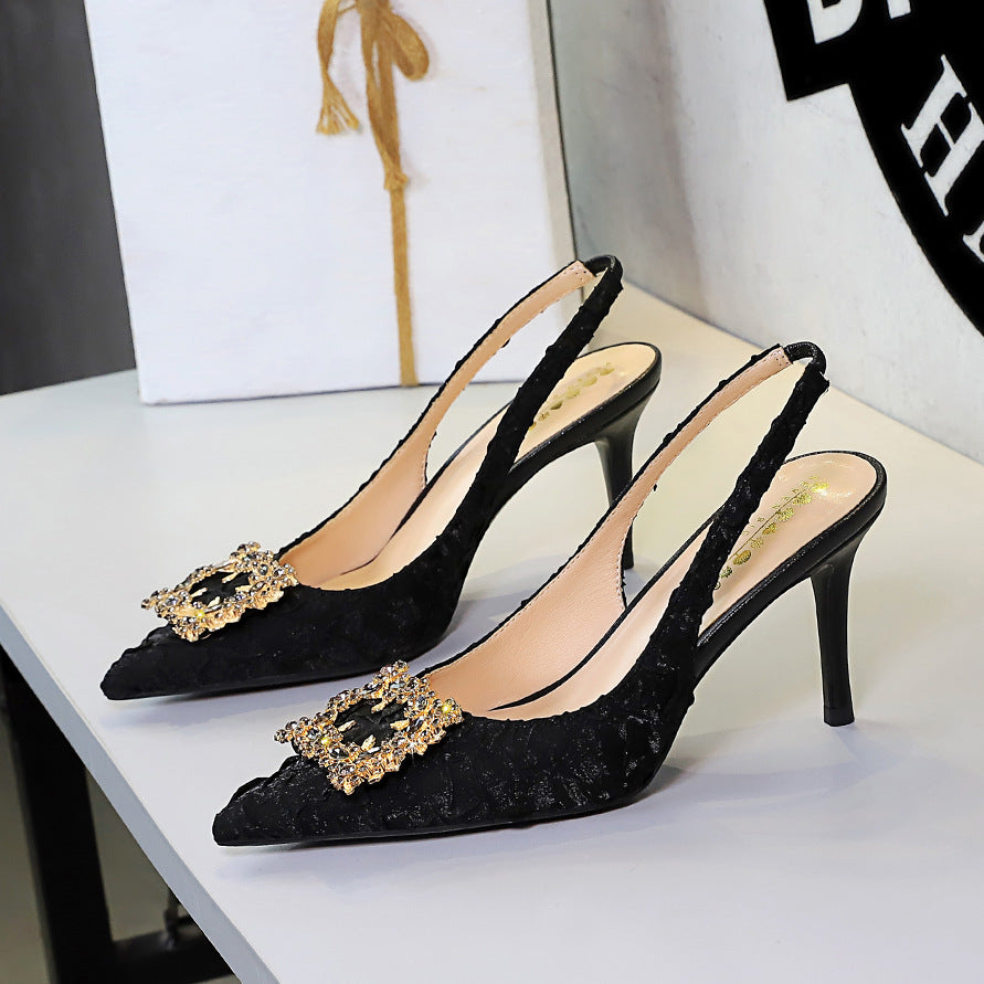 Cocktail Stiletto Heel Women Shoes Metal Rhinestone Square Buckle Pointed Toe Slingback Back Strap Sandals Women
