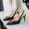 Cocktail Stiletto Heel Women Shoes Metal Rhinestone Square Buckle Pointed Toe Slingback Back Strap Sandals Women
