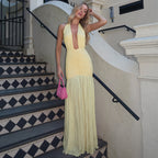Summer Women Clothing Solid Color Sexy Mesh Stitching Deep V Plunge neck Halter Tied Dress