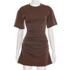 Women Clothing Spring Summer Solid Color round Neck Waist Sheath Pleated Dress