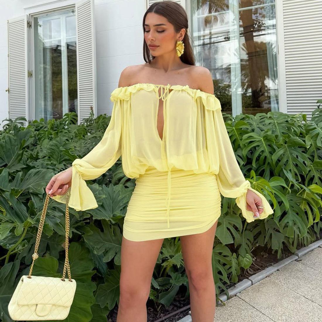 Fall Women Clothing Sexy off the Shoulder Hollow Out Cutout out Tied Solid Color Slim Hip Bag Dress