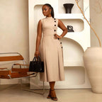 Elegant Waist Controlled Stand Collar Sleeveless Fastener Decoration Dress