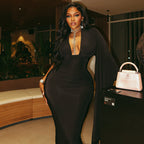 Solid Color Backless Sexy Women Clothing Asymmetric Hip V neck Long Sleeve Party Dress