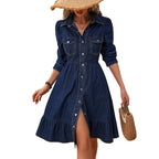 Women Clothing European Size Long Sleeve Collared Mid Length Dress