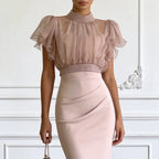 Fashionable Sheer Mesh Lace up Waist Controlled Top Strap Sheath Dress