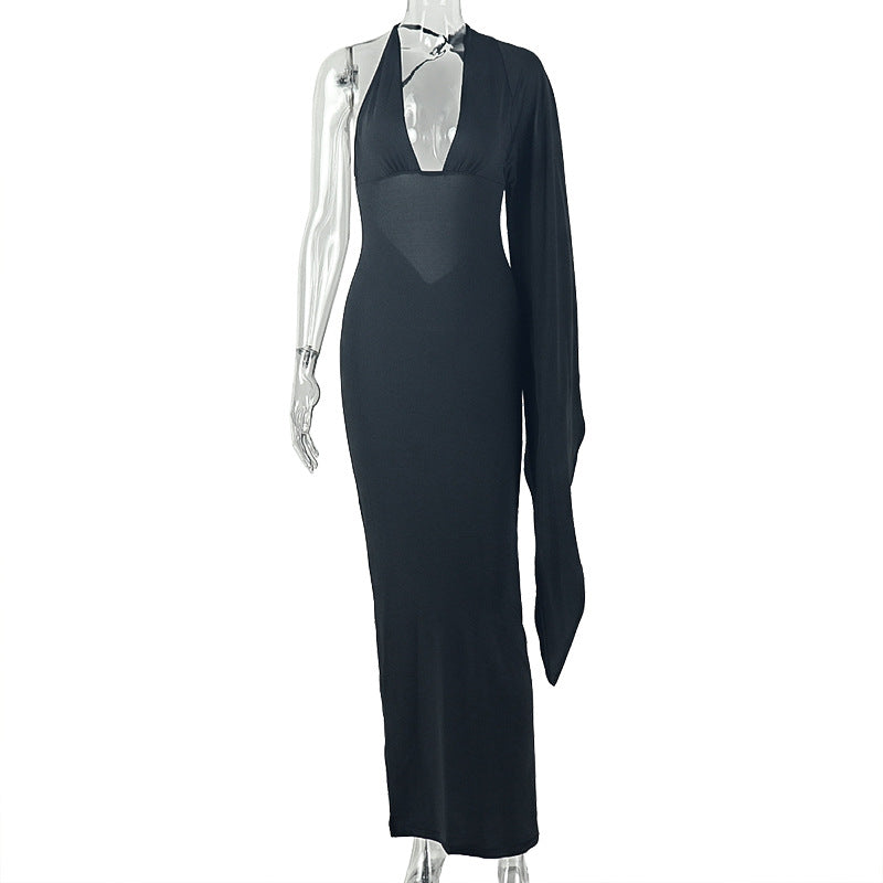Solid Color Backless Sexy Women Clothing Asymmetric Hip V neck Long Sleeve Party Dress