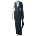 Solid Color Backless Sexy Women Clothing Asymmetric Hip V neck Long Sleeve Party Dress