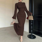 Sexy Minimalist Dress Slim Fit Wild Bell Sleeve Half Turtleneck Sheath Dress