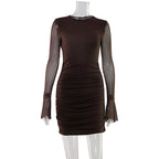 Sexy Women Wear Hollow Out Cutout Backless Mesh Stitching Lightweight Slim Fit Pinch Pleated Sheath Dress Short Dress Women
