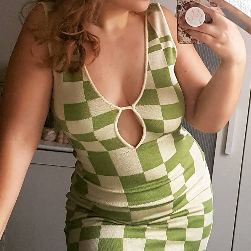 Maillard Summer Women Clothing Low Cut V neck Sexy Hollow Out Cutout out Sleeveless Vest Plaid Knitted Dress