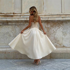 Halter Deep V Plunge Lace Stitching Big Swing Maxi Dress Vacation Gentle Slim Fit Strap Dress