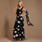 Women Summer Printed Sleeveless Large V Back U Neck A line Flared Sundress Ribbon Evening Dress