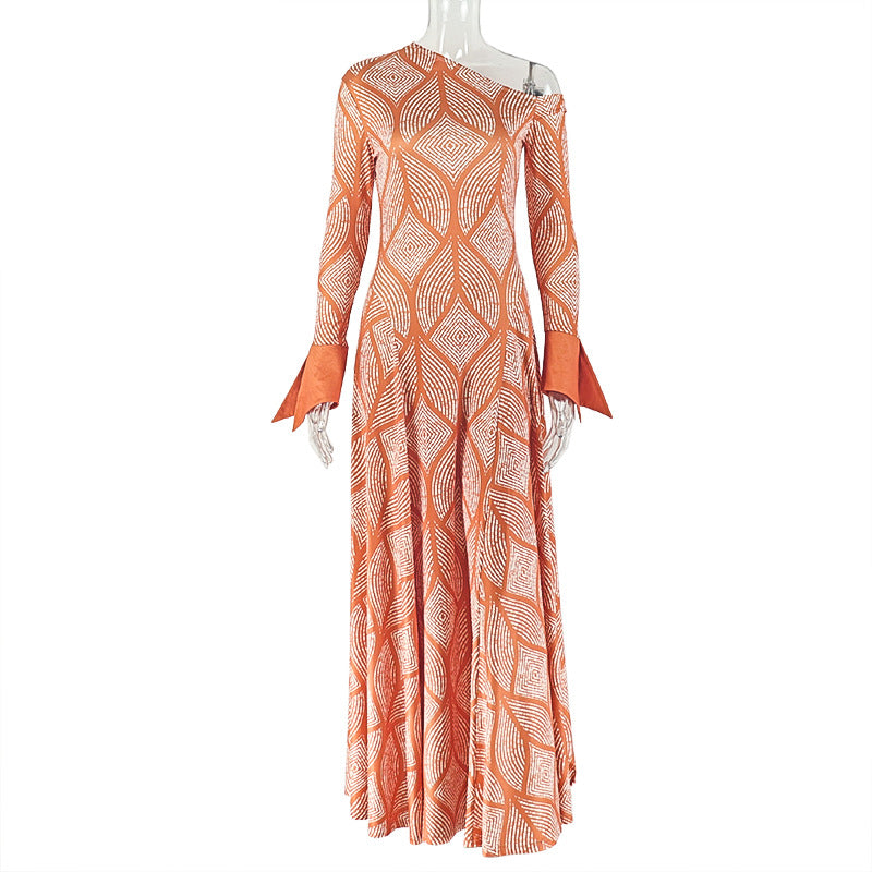 Slim Fit Fresh Women Pleated A line Dress Shoulder Collar Oblique Long Sleeve Dress