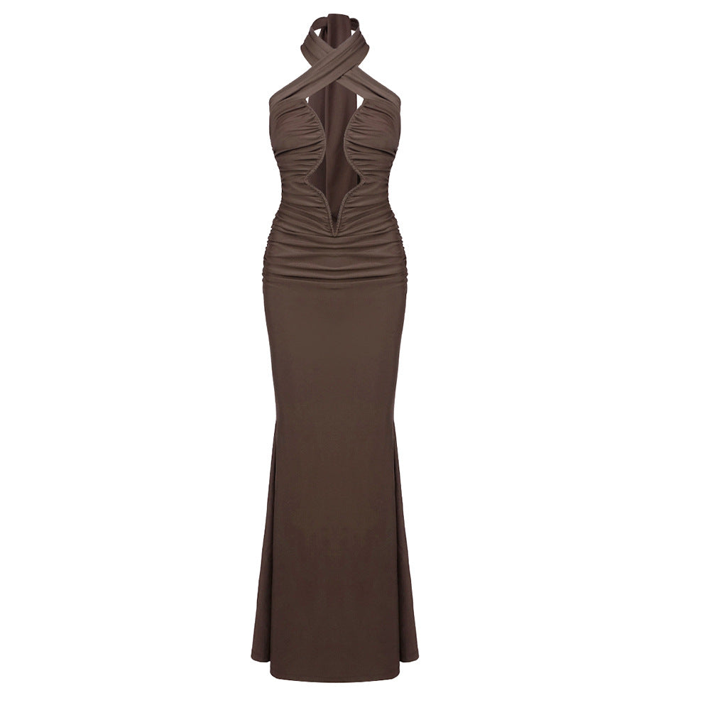 Autumn Winter Slim Slimming Wrapped Chest Hip Dress Sexy Coffee Color Cross Halterneck Dress