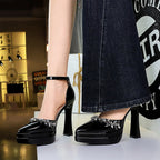 Sexy Rhinestones Buckle Double Layer Waterproof Platform Ultra High Heel Patent Leather Hollowed Sandals Women