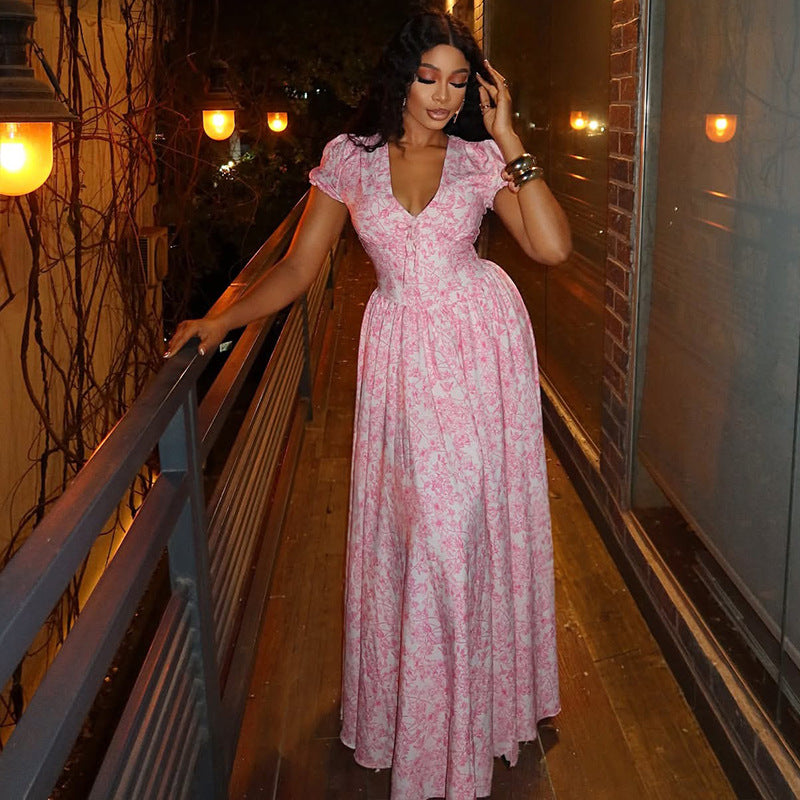 Sweet Women Clothing Printing Elegant A line Dress Pleated V neck Bubble Sleeve Length Dress