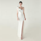 Single Shoulder Craft Beaded Nail Hair Wave Floral Satin High Slit Sexy Evening Dress Evening Cocktail Wedding