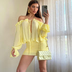 Fall Women Clothing Sexy off the Shoulder Hollow Out Cutout out Tied Solid Color Slim Hip Bag Dress