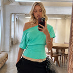 Sexy Waist Split Solid Color Short Sleeve Shoulder T shirt Sexy Street Casual Top
