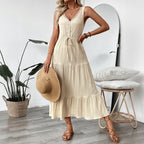 Simple All Matching Strap Sleeveless V neck Solid Color Women Clothing Summer Dress
