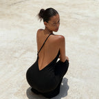 Sexy Lace up Big Back Exposure Dress Design Solid Color One Shoulder Slim Fit Maxi Dress
