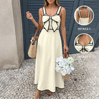 Retro Vacation Color Blocking Bow Waist Trimming Spaghetti Straps Dress