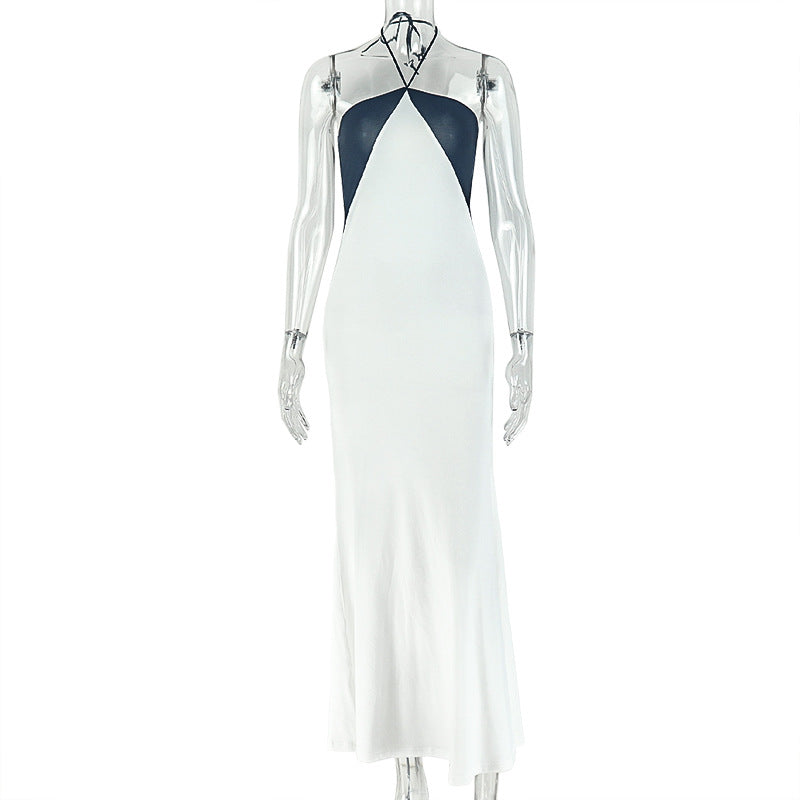 Black White Women Clothing Halter Slim Fit Sleeveless Hiking Hip Dress Contrast Color Outdoor Maxi Dress
