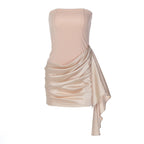 Women Clothing Autumn Satin Stitching Graceful Tube Top Sheath Pleated Slim Dress for Women