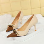 Cocktail Women Shoes Stiletto Heel Shallow Mouth Color Blocking Pointed Metal Chain Decorative Shoes