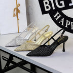 Elegant Socialite Woven Wire Mesh Hollow Out Cutout Ankle Strap Buckle Pointed Toe Stiletto Outdoor Sandals