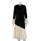 Korean Velvet Autumn French Stitching round Neck Flared Sleeves Dress Loose Maxi Dress Women Clothing
