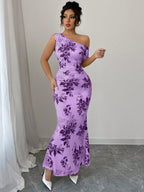 Printed Shoulder High Waist Sheath Dress Slimming Dress