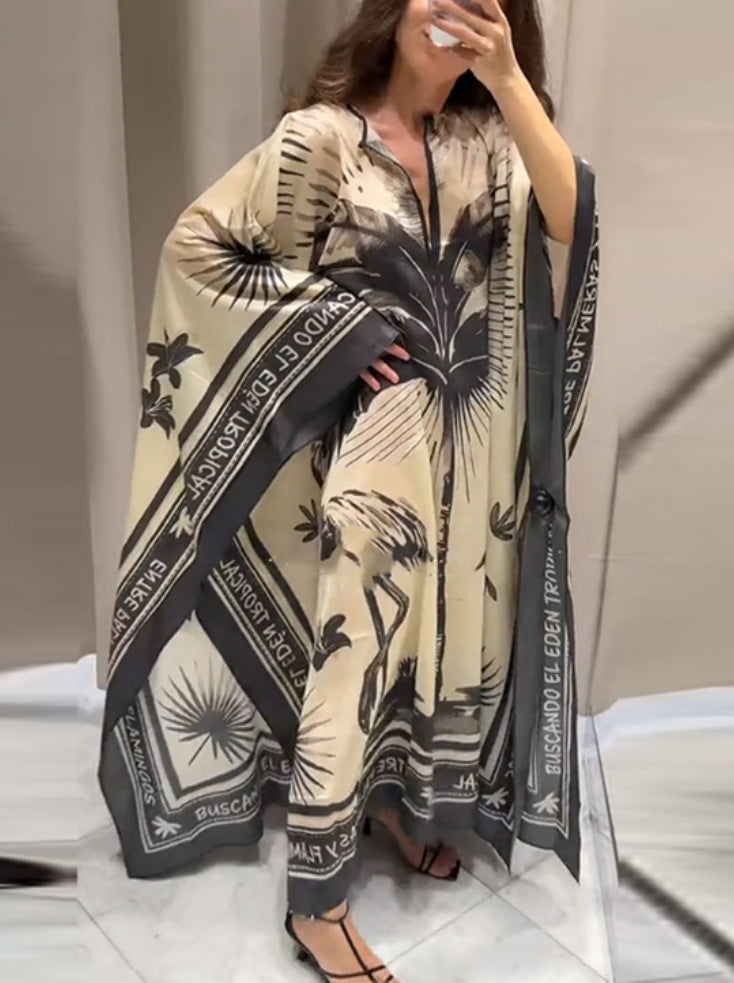 Autumn Retro Printed V neck Loose plus Size Vacation Dress Women