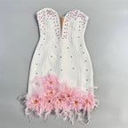Tube Top Beads Rhinestones Bandage One Piece Dress Pink Feather Ladies Party Cocktail Evening Dress