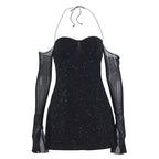 Mesh Long Sleeve Dress Sexy Steel Ring Halterneck off Shoulder Sequin Dress