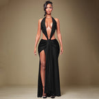 Women Clothing Spring Solid Color Halter Sleeveless Sexy Backless Deep V Plunge Ribbon Maxi Dress