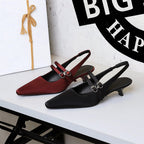 Korean Pointed Toe Strap Hollow Out Cutout Back Shoes Back Strap Comfortable Low Heel Pumps Low Cut Wine Cup Heel Satin Women Shoes