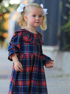 Fall Plaid Girl Dress Petal Collar Puff Sleeve Long Sleeve