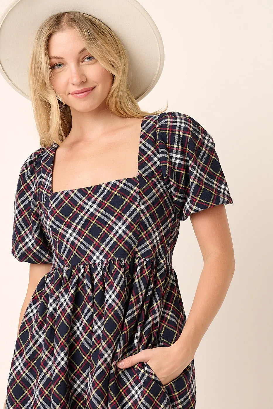 Mittoshop Checkered Print Puff Sleeve Babydoll Mini Dress