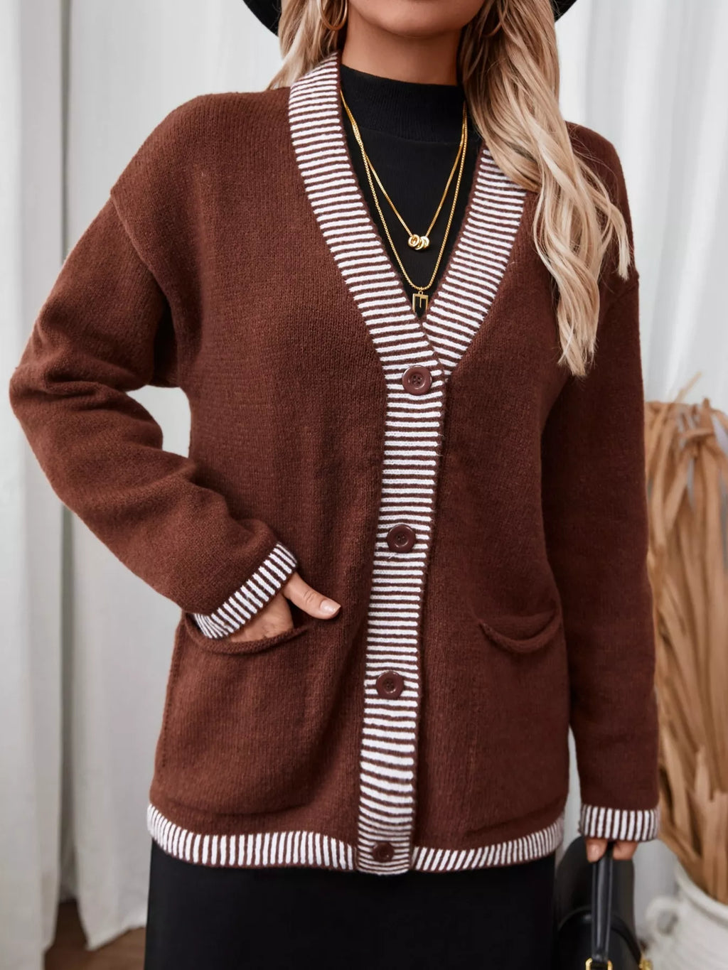 Striped Trim Button Front Pocket Knit Cardigan