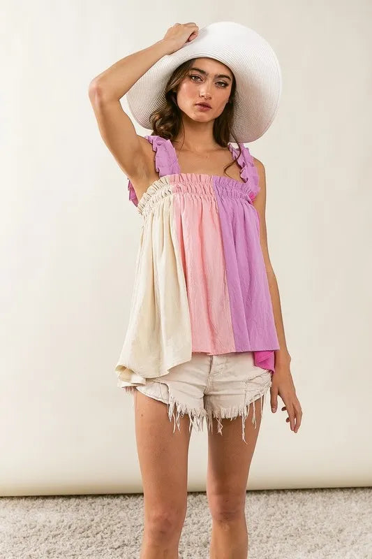BiBi Frill Shoulder Strap Color Block Bodice Top