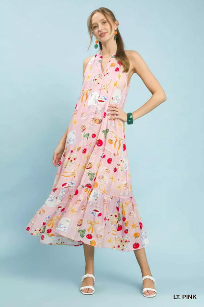 Umgee Abstract Print Tiered Halter Midi Dress