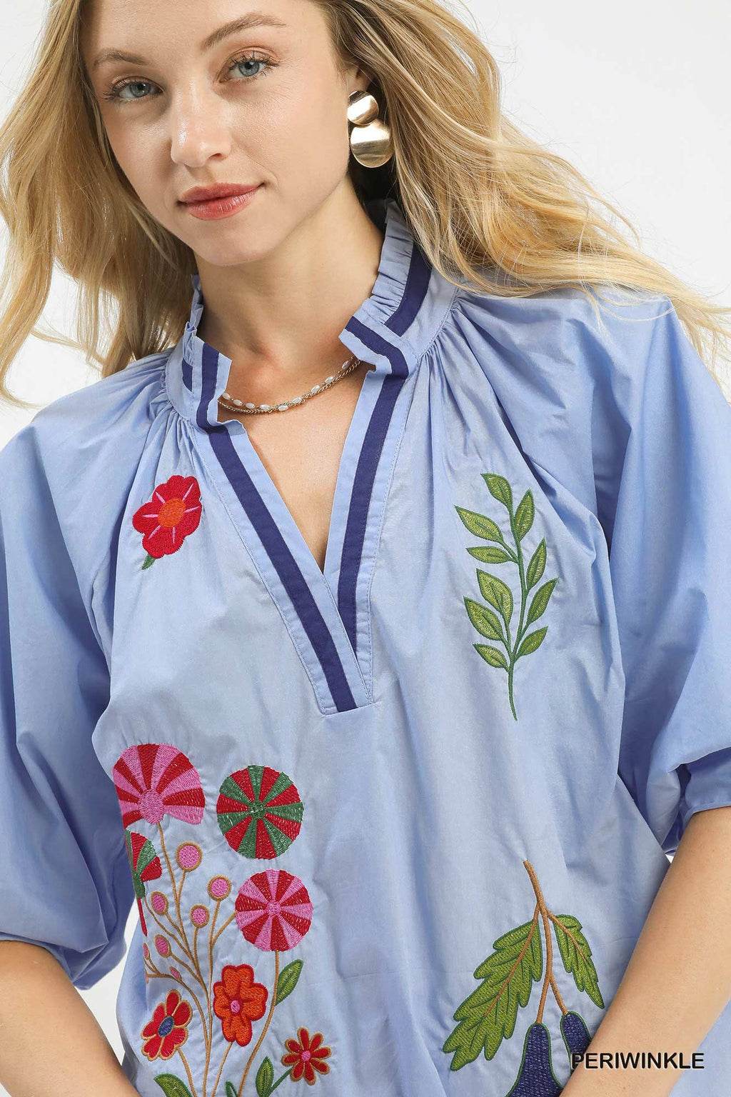 Umgee Embroidered Floral V-Neck Blouse
