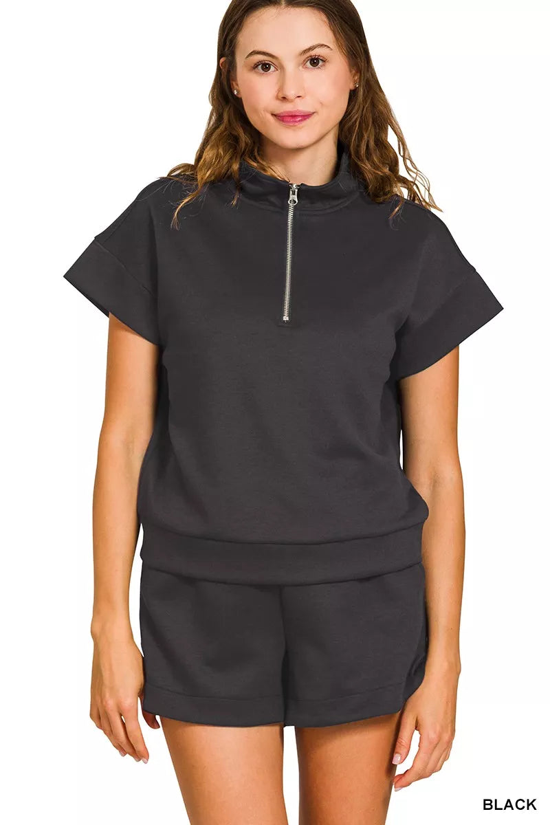 Zenana Scuba High Neck Half Zip Top and Dolphin Shorts Set